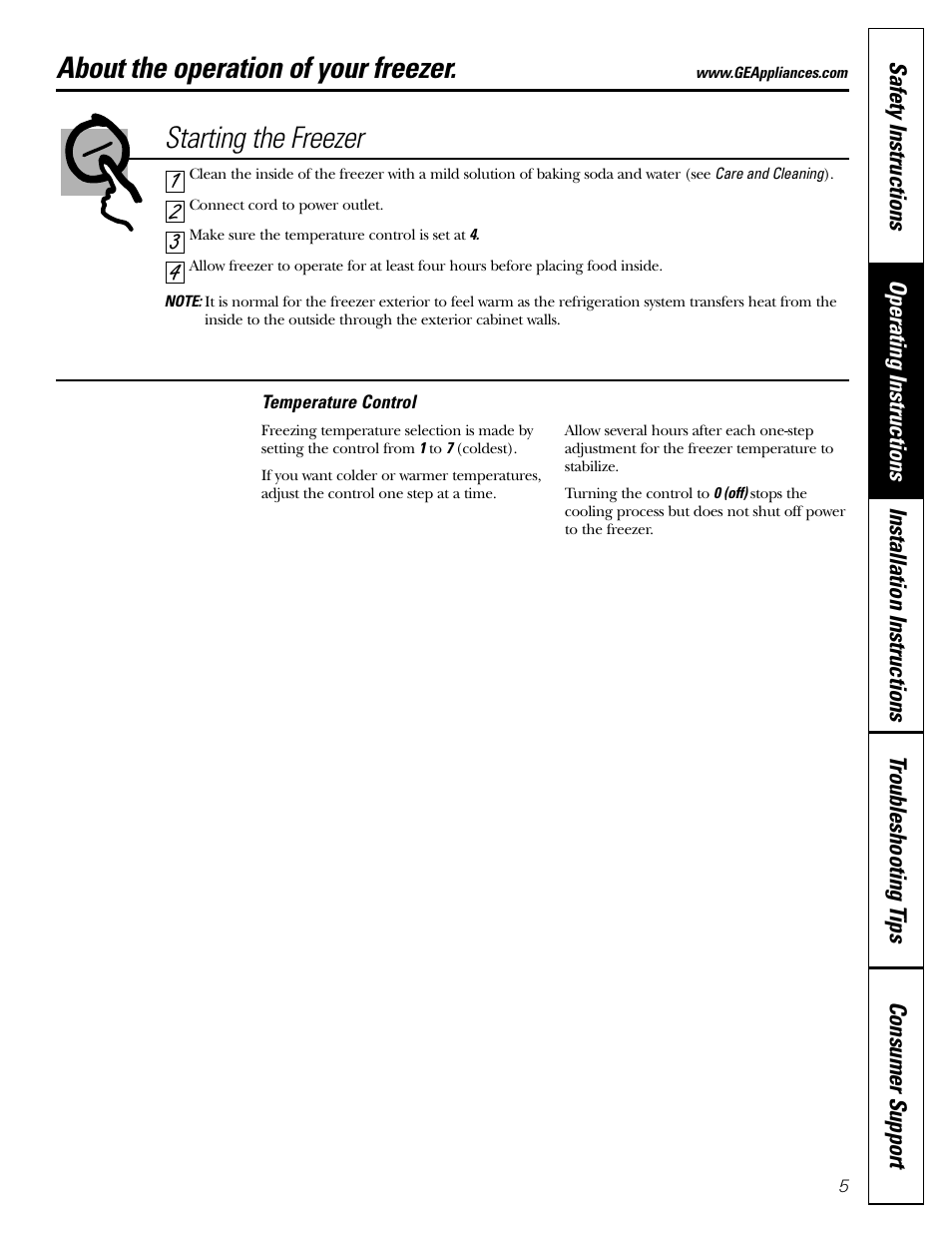 Features, Starting the freezer, Features , 6 starting the freezer | About the operation of your freezer | GE FUM5 User Manual | Page 5 / 16