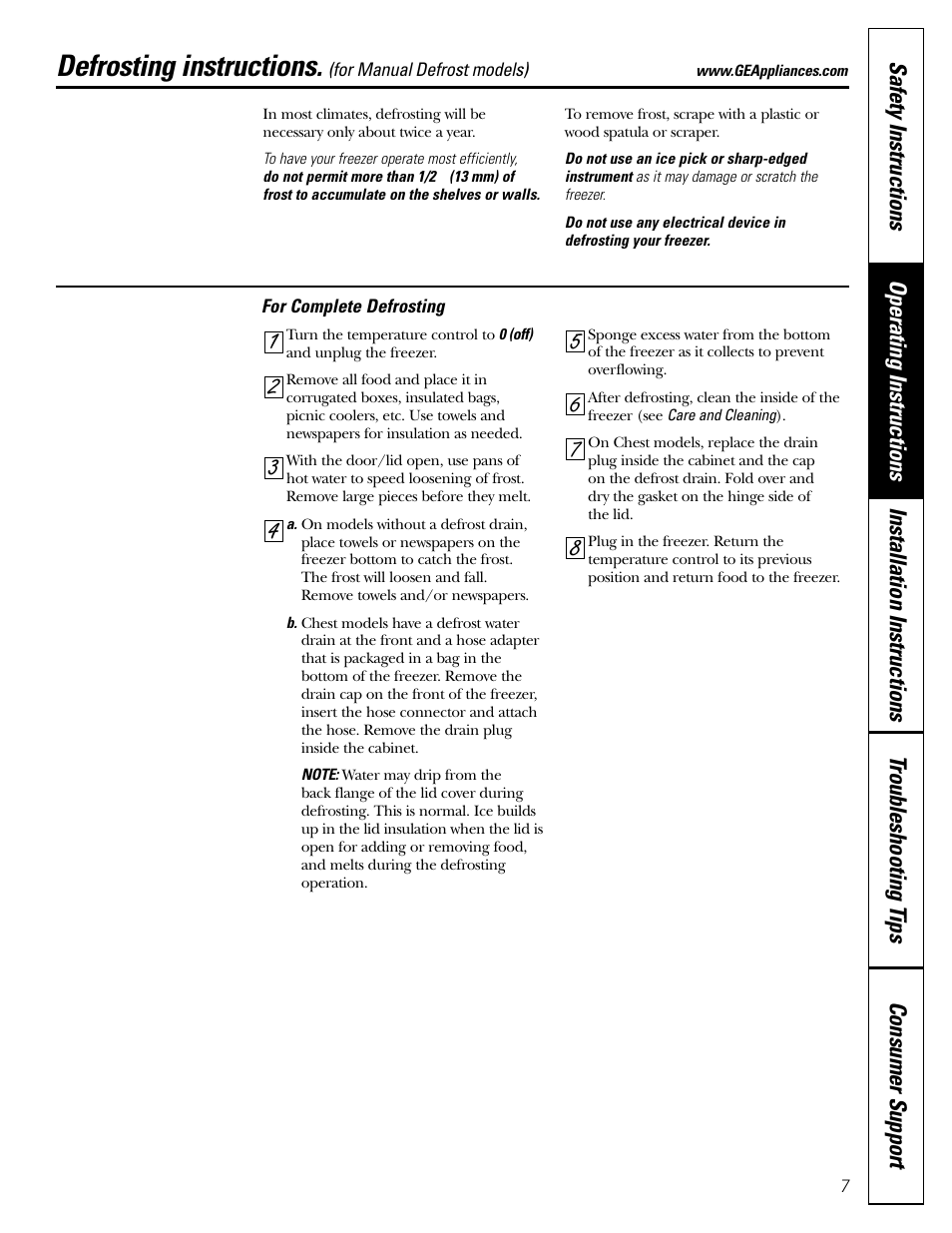 Defrosting instructions | GE FUM5 User Manual | Page 7 / 16