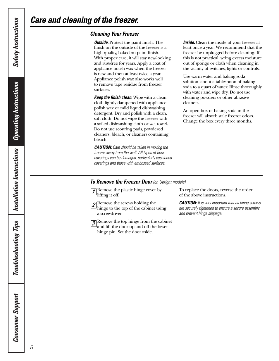 Care and cleaning, Care and cleaning , 9, Care and cleaning of the freezer | GE FUM5 User Manual | Page 8 / 16