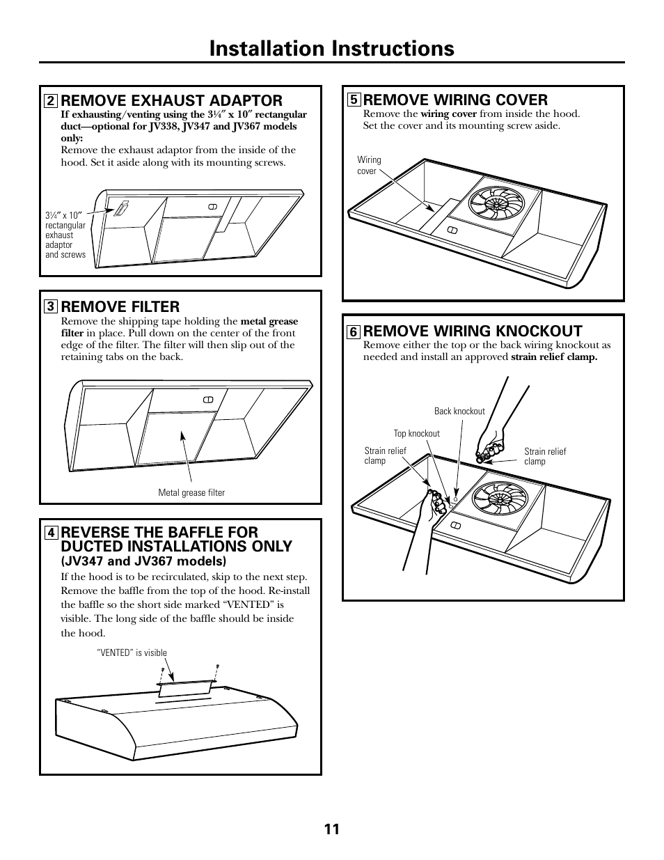 Installation instructions, 11 remove exhaust adaptor, Remove filter | Reverse the baffle for ducted installations only, Remove wiring cover, Remove wiring knockout | GE 164D4290P393 User Manual | Page 11 / 20