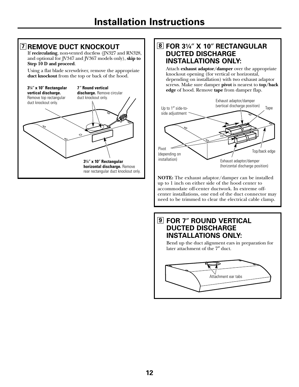 Installation instructions, 12 remove duct knockout, For 3 | GE 164D4290P393 User Manual | Page 12 / 20