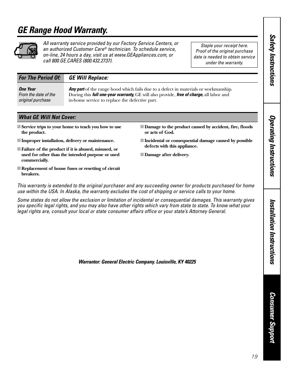Warranty, Ge range hood warranty | GE 164D4290P393 User Manual | Page 19 / 20