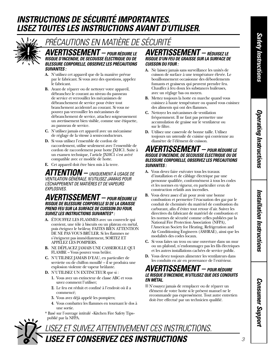 Attention, Avertissement | GE 164D4290P393 User Manual | Page 3 / 20
