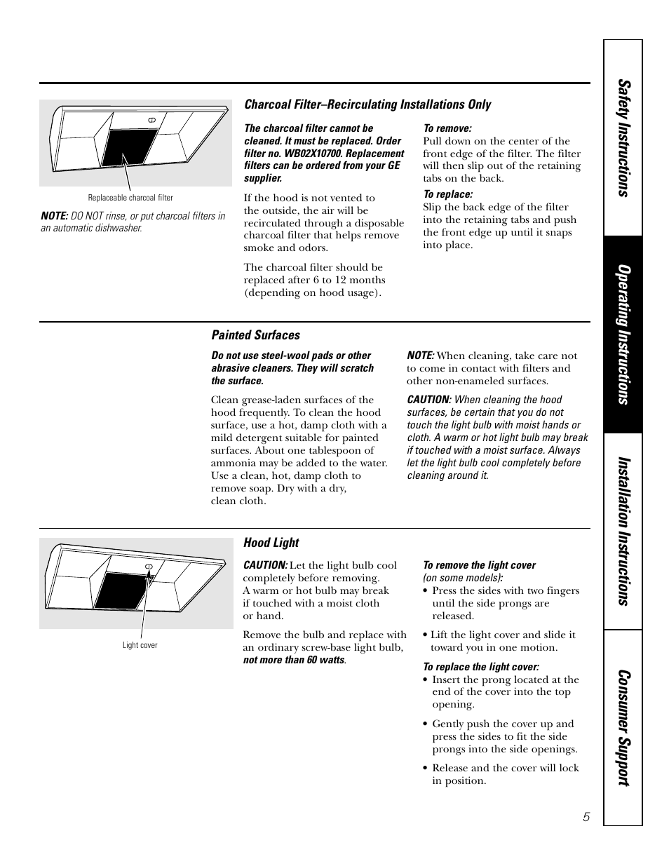 Charcoal filter, Hood light, Hood surfaces | Hood light hood surfaces | GE 164D4290P393 User Manual | Page 5 / 20
