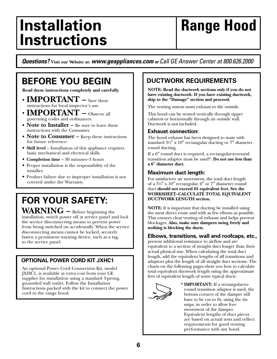 Installation instructions, Installation range hood instructions, Before you begin | For your safety, Important, Warning | GE 164D4290P393 User Manual | Page 6 / 20