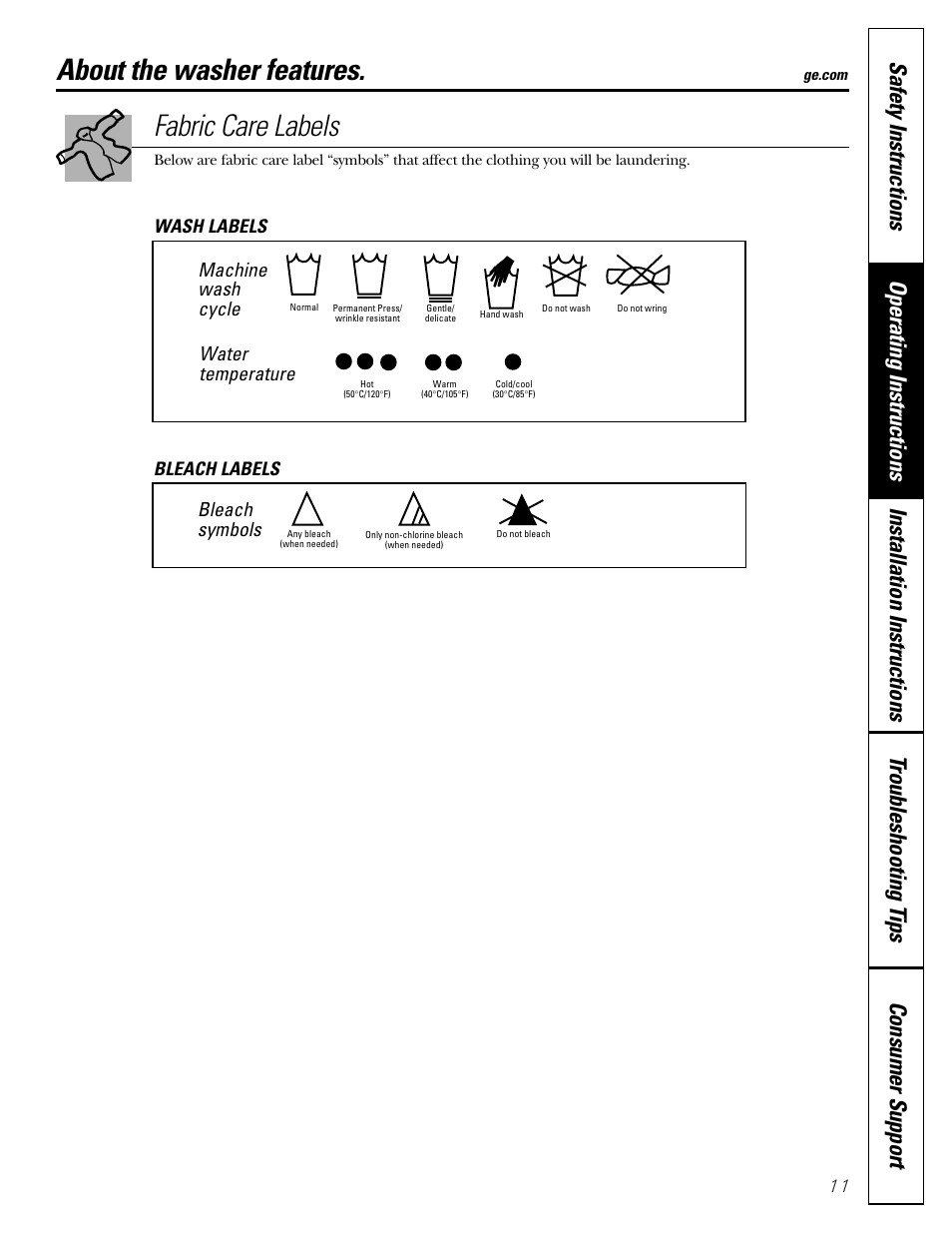 Fabric care labels, About the washer features, Machine wash cycle | Water temperature, Bleach symbols, Wash labels bleach labels | GE GBVH6260 User Manual | Page 11 / 72