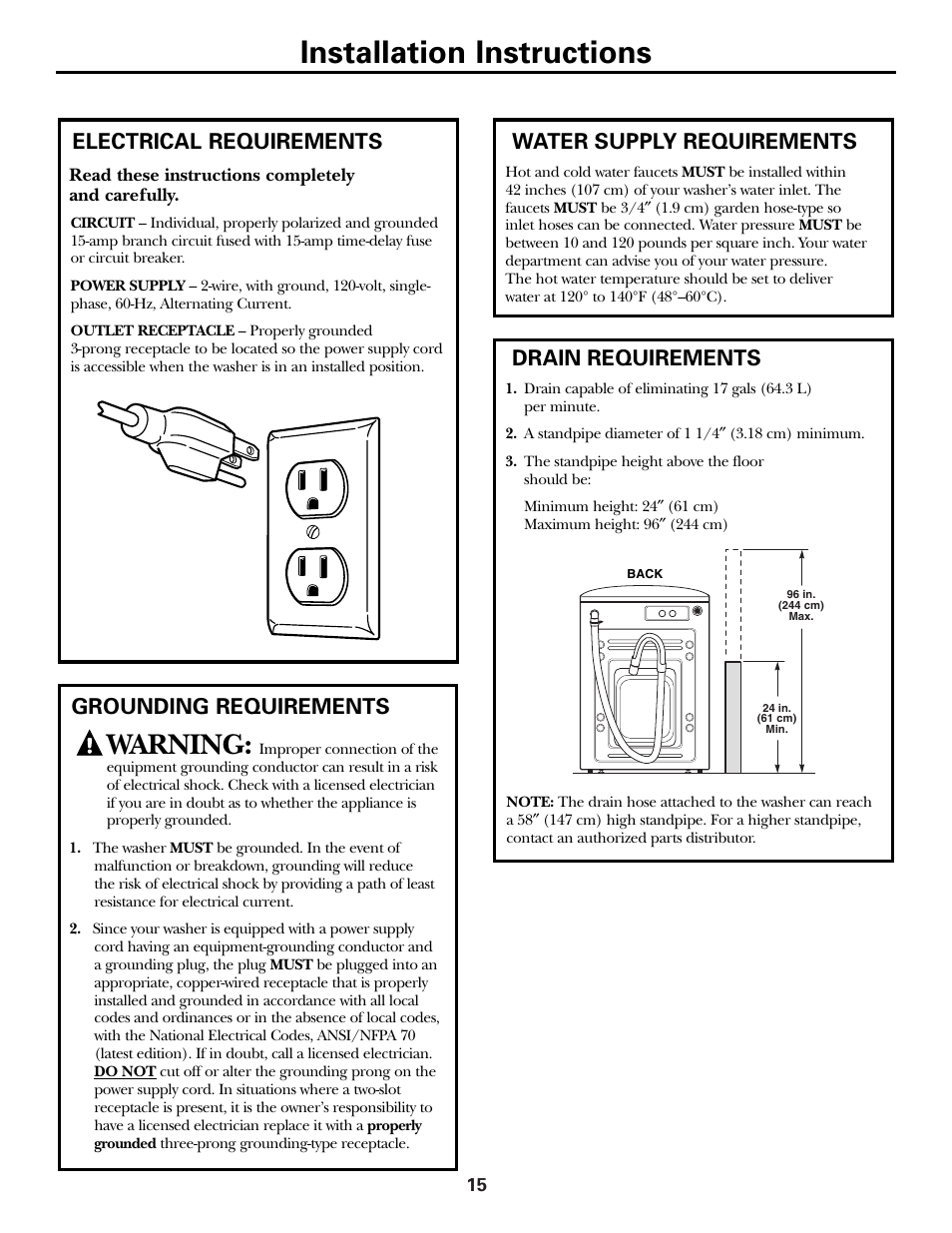 Drain requirements, Electrical requirements, Water supply requirements | Drain requirements electrical requirements, Installation instructions, Warning, Grounding requirements water supply requirements | GE GBVH6260 User Manual | Page 15 / 72