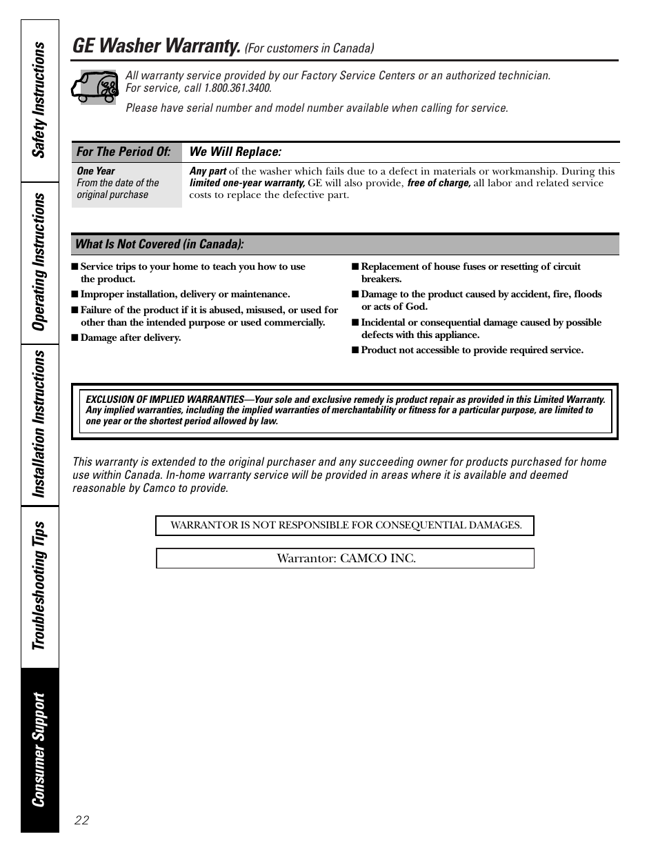 Warranty (canada), Ge washer warranty | GE GBVH6260 User Manual | Page 22 / 72