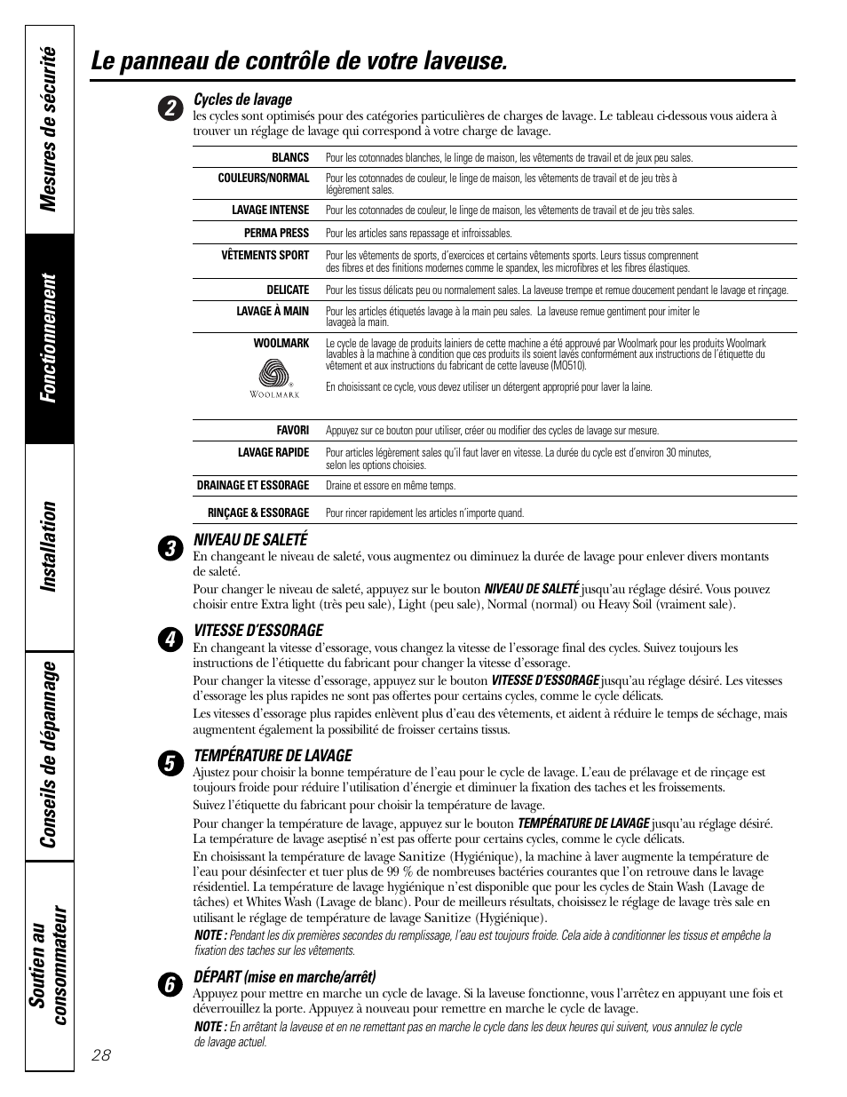 Réglage des contrôles, Le panneau de contrôle de votre laveuse | GE GBVH6260 User Manual | Page 28 / 72