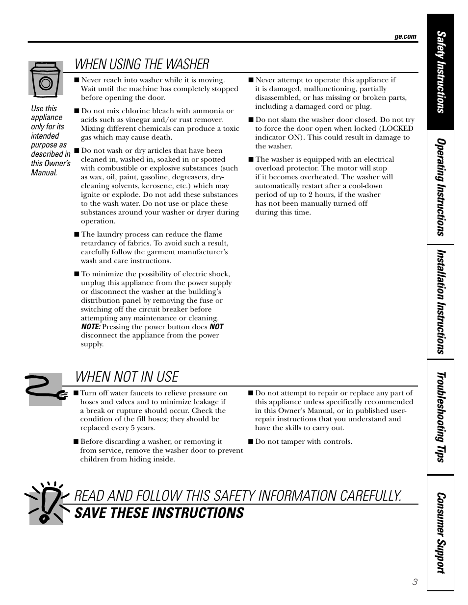 When using the washer | GE GBVH6260 User Manual | Page 3 / 72