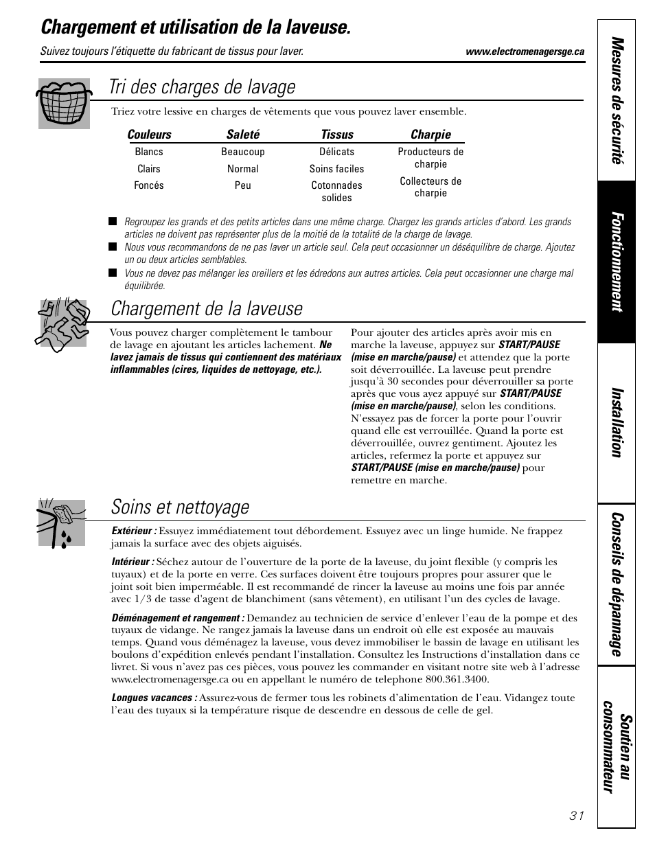 Chargement et utilisation de la laveuse, Chargement et utilisation de la laveuse , 32, Tri des charges de lavage chargement de la laveuse | GE GBVH6260 User Manual | Page 31 / 72