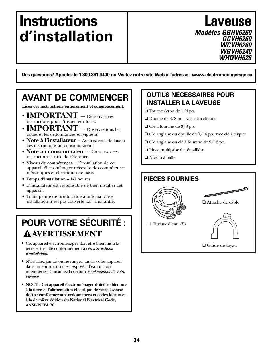 Installation, Préparation à l’installation de votre laveuse, Instructions laveuse d’installation | Avant de commencer, Pour votre sécurité, Important, Avertissement | GE GBVH6260 User Manual | Page 34 / 72