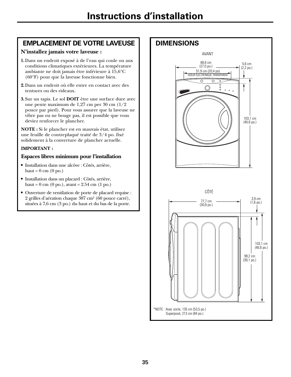 Emplacement de votre laveuse, Dimensions, Instructions d’installation | N’installez jamais votre laveuse, Espaces libres minimum pour l’installation | GE GBVH6260 User Manual | Page 35 / 72