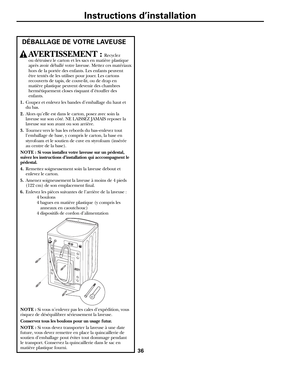 Déballage de votre laveuse, Instructions d’installation, Avertissement | GE GBVH6260 User Manual | Page 36 / 72