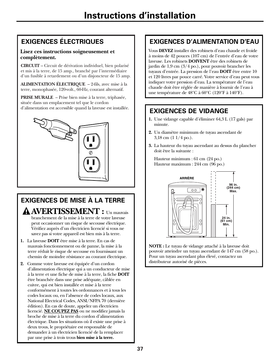 Exigences de vidange, Exigences électriques, Exigences d’alimentation d’eau | Exigences de vidange exigences électriques, Instructions d’installation, Avertissement | GE GBVH6260 User Manual | Page 37 / 72