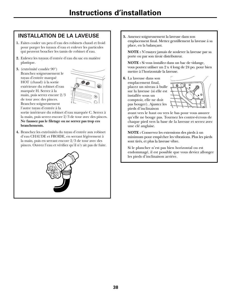 Installation de la laveuse, Installation de la laveuse , 39, Instructions d’installation | GE GBVH6260 User Manual | Page 38 / 72