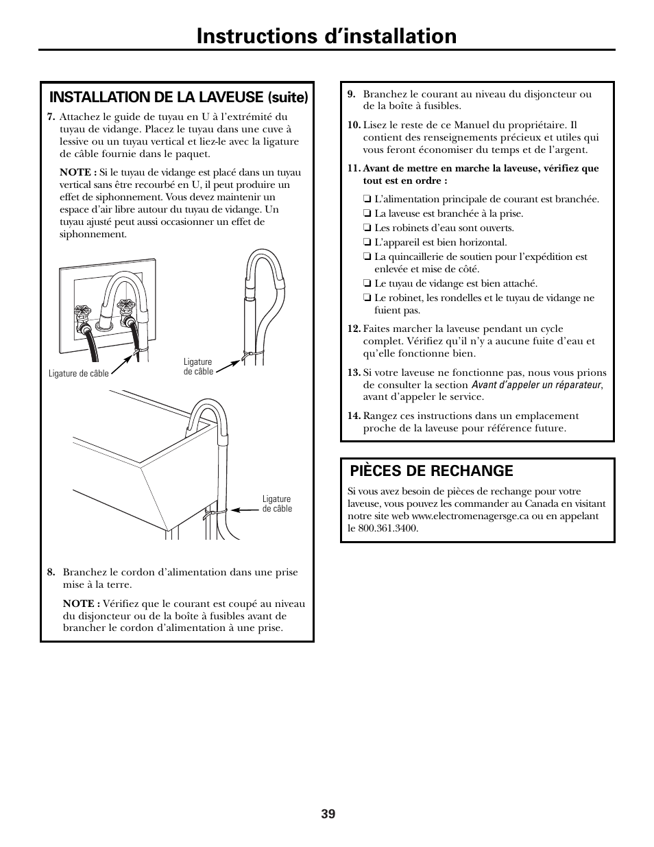 Pièces de rechange, Instructions d’installation, Installation de la laveuse (suite) | GE GBVH6260 User Manual | Page 39 / 72