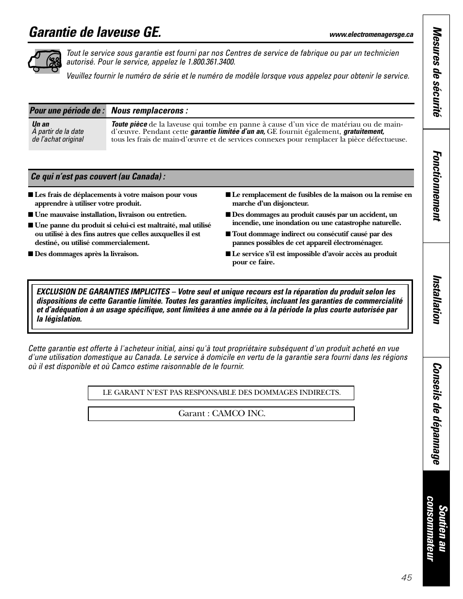 Garantie (canada), Garantie de laveuse ge | GE GBVH6260 User Manual | Page 45 / 72