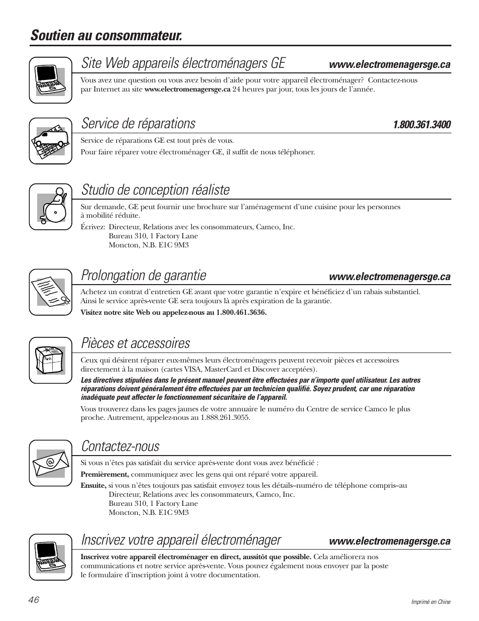 Soutien au consommateur, Service de réparations, Studio de conception réaliste | Prolongation de garantie, Pièces et accessoires, Contactez-nous, Inscrivez votre appareil électroménager | GE GBVH6260 User Manual | Page 46 / 72