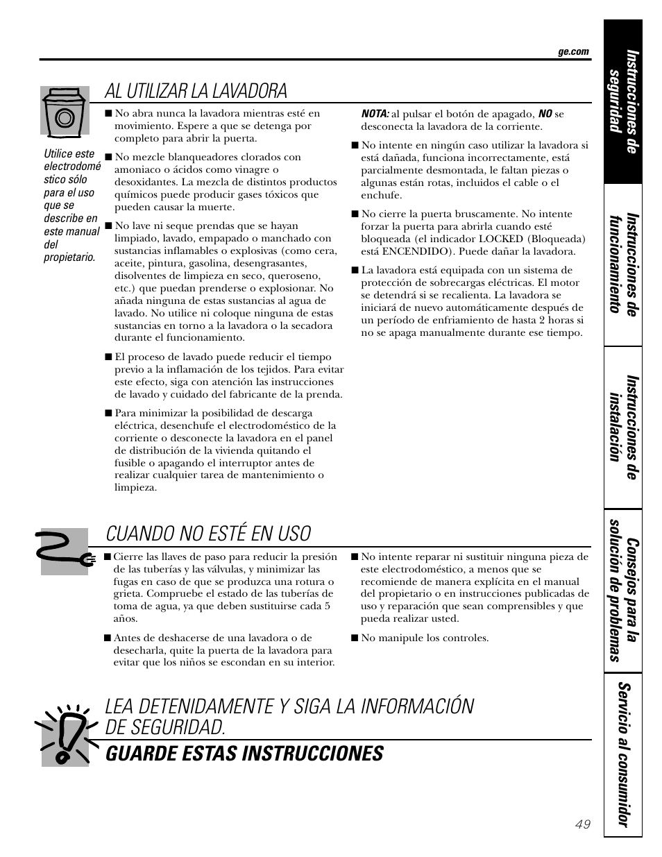 Al utilizar la lavadora, Cuando no esté en uso guarde estas instrucciones | GE GBVH6260 User Manual | Page 49 / 72