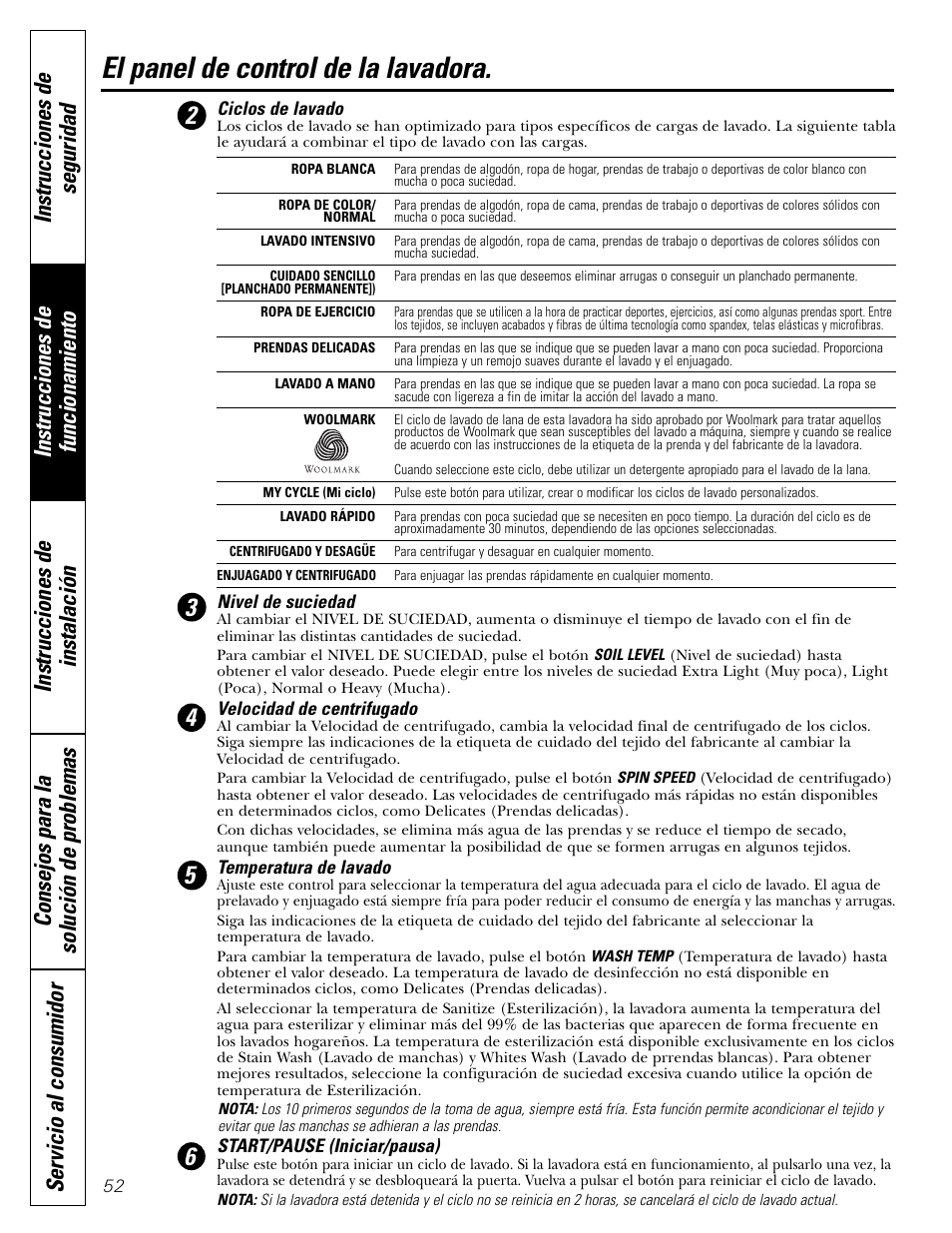 Parámetros de control, El panel de control de la lavadora | GE GBVH6260 User Manual | Page 52 / 72