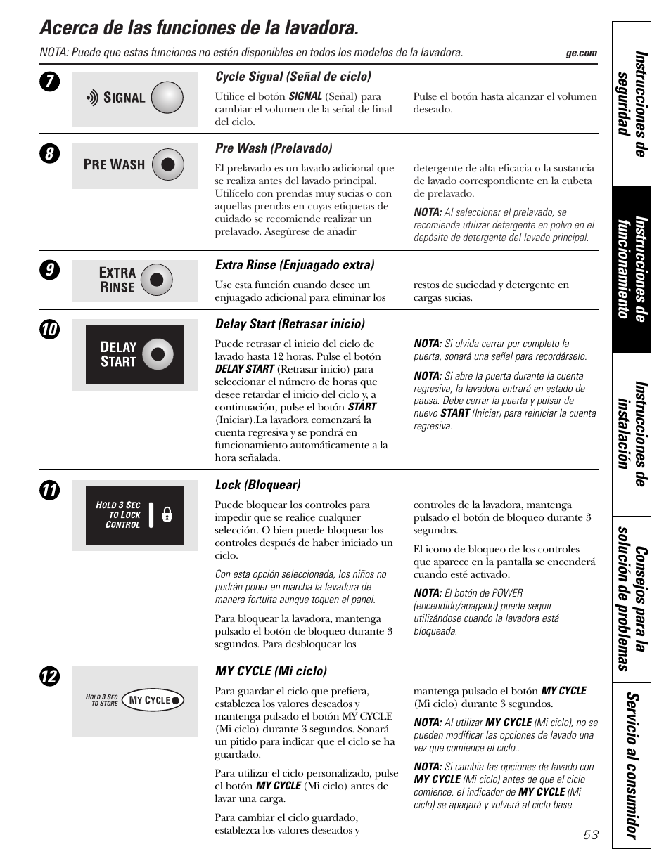 Funciones, Funciones , 54, Acerca de las funciones de la lavadora | GE GBVH6260 User Manual | Page 53 / 72