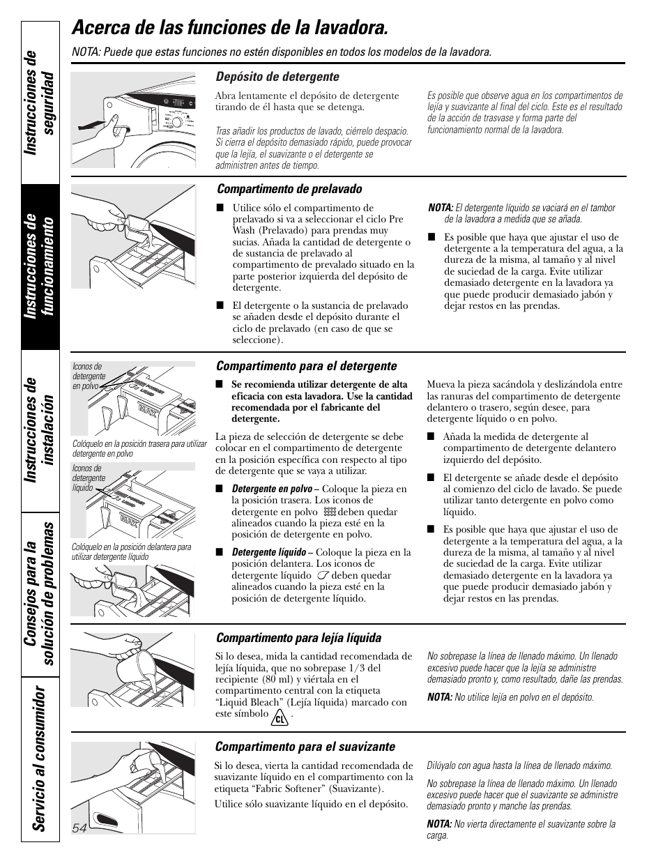 Acerca de las funciones de la lavadora | GE GBVH6260 User Manual | Page 54 / 72