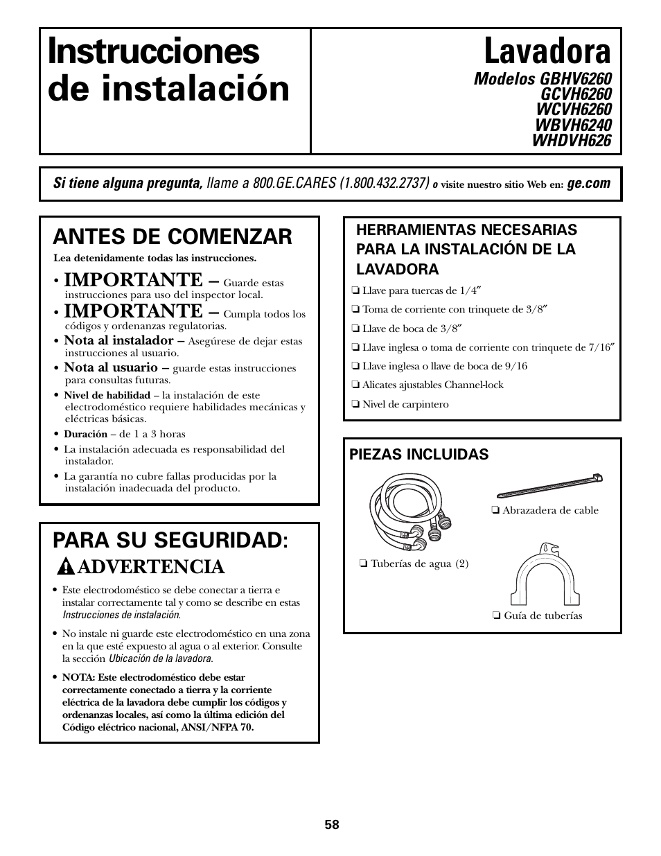 Instrucciones de instalación, Preparación para la instalación de la lavadora, Instrucciones lavadora de instalación | Antes de comenzar, Para su seguridad, Importante, Advertencia | GE GBVH6260 User Manual | Page 58 / 72