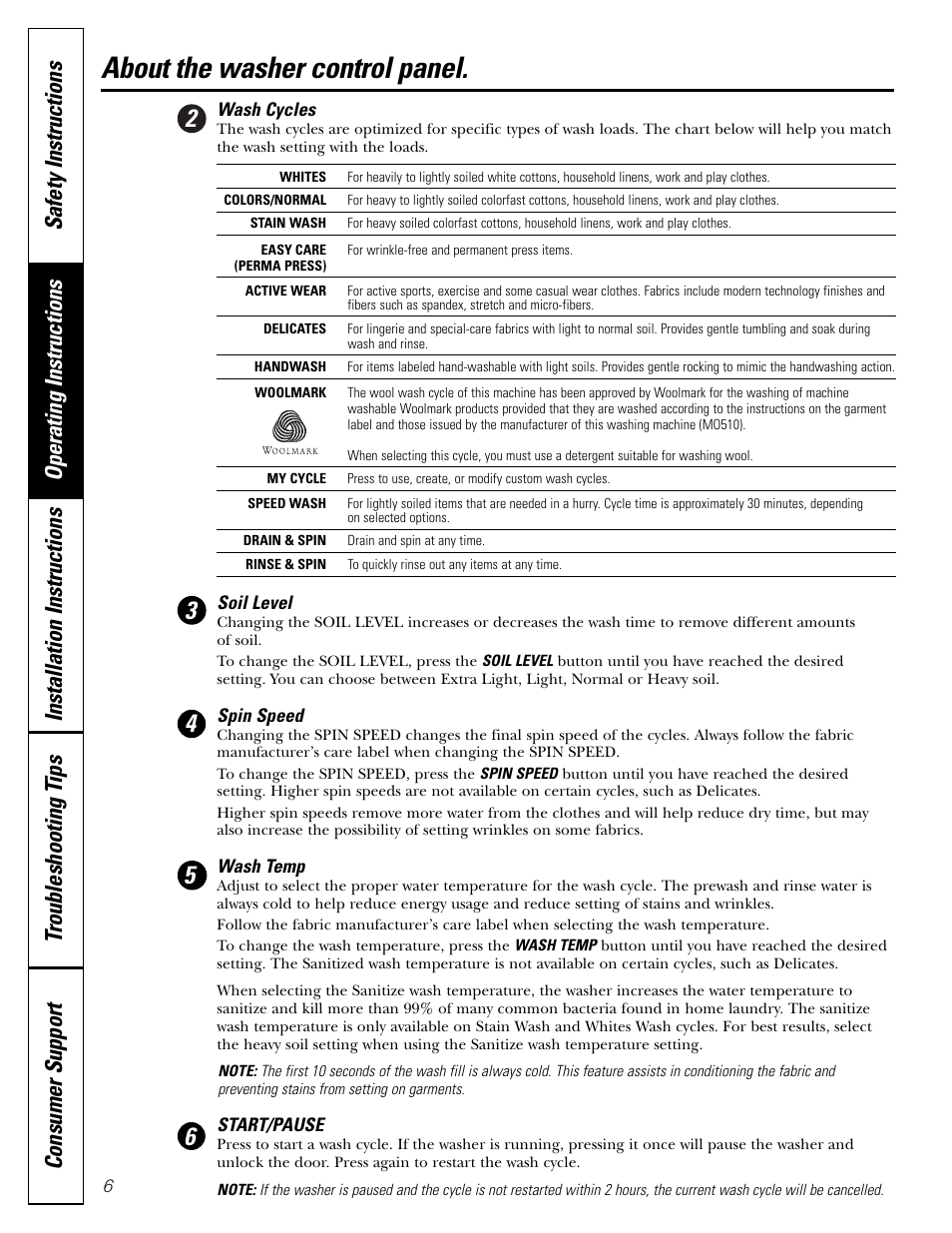 Control settings, About the washer control panel | GE GBVH6260 User Manual | Page 6 / 72