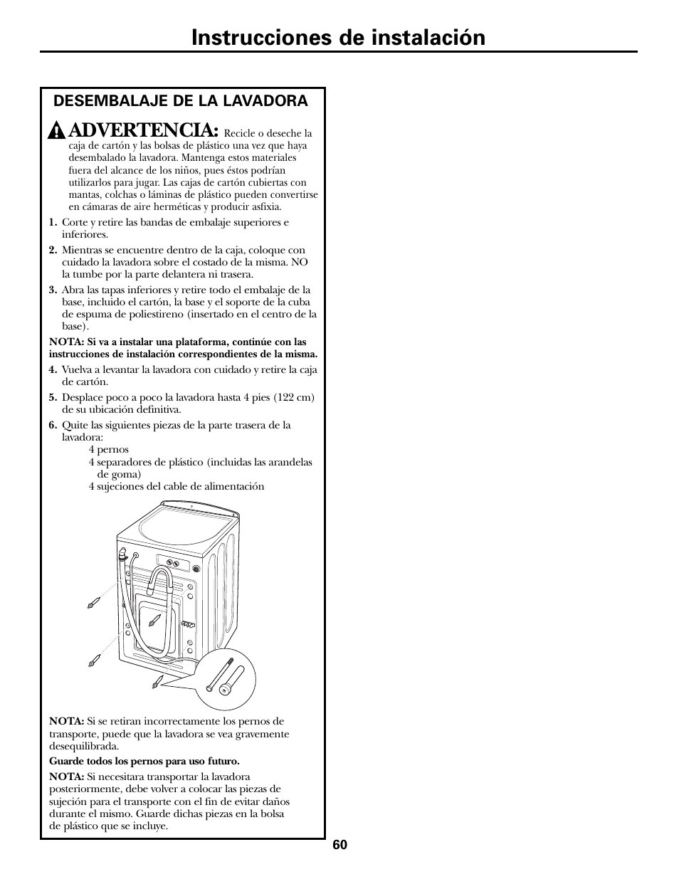 Desembalaje de la lavadora, Instrucciones de instalación, Advertencia | GE GBVH6260 User Manual | Page 60 / 72