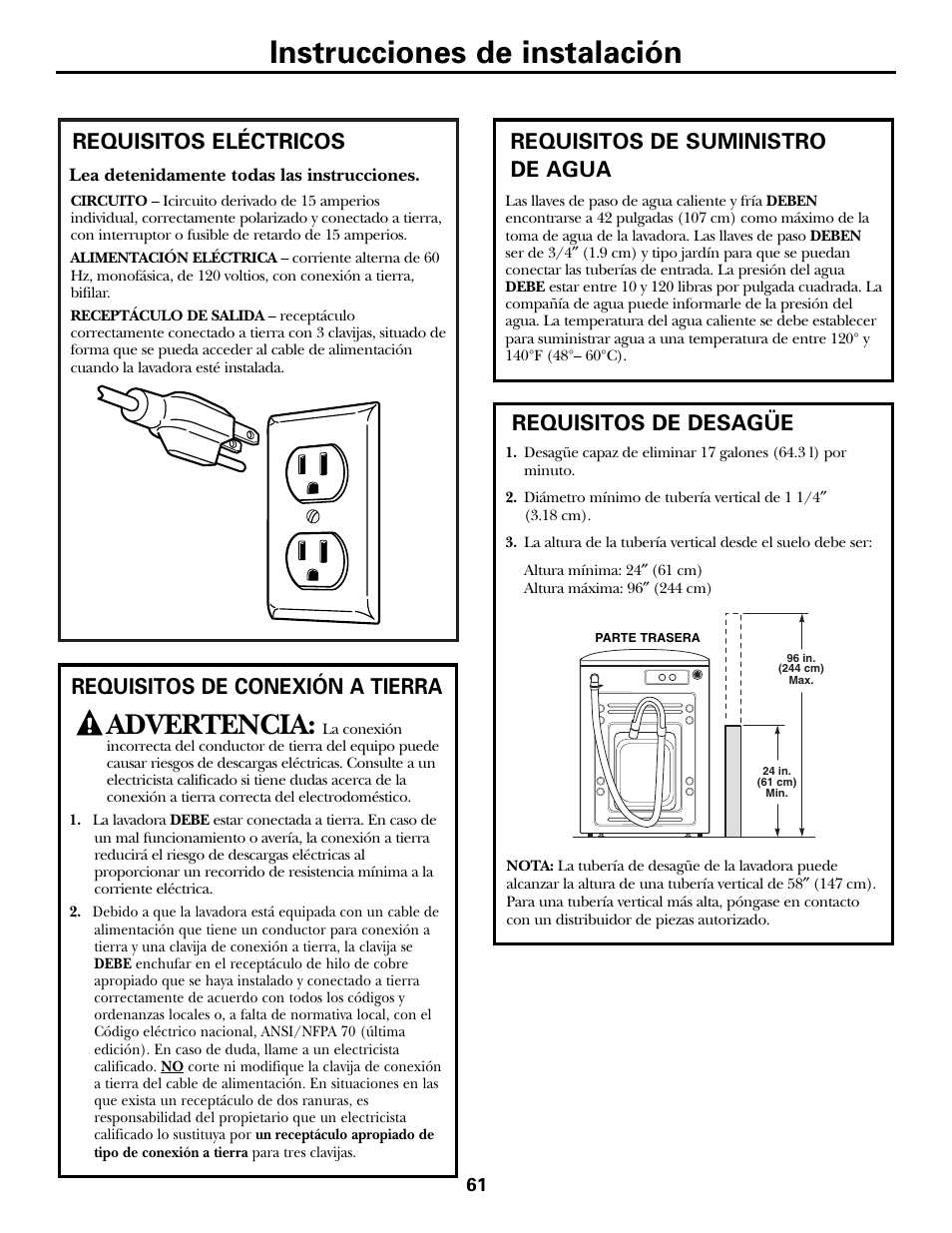Requisitos de desagüe, Requisitos eléctricos, Requisitos de suministro de agua | Requisitos de desagüe requisitos eléctricos, Instrucciones de instalación, Advertencia | GE GBVH6260 User Manual | Page 61 / 72
