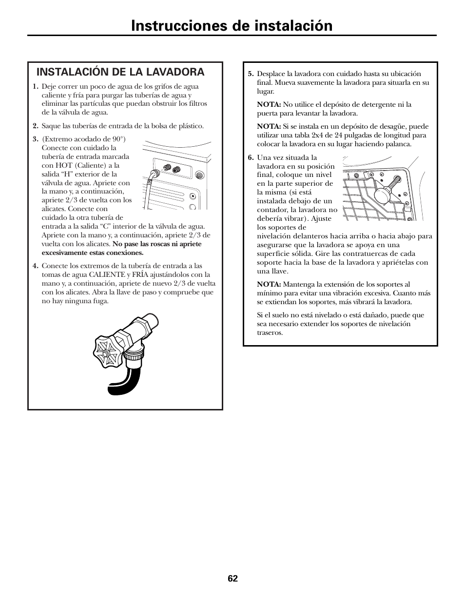 Instalación de la lavadora, Instalación de la lavadora , 63, Instrucciones de instalación | GE GBVH6260 User Manual | Page 62 / 72