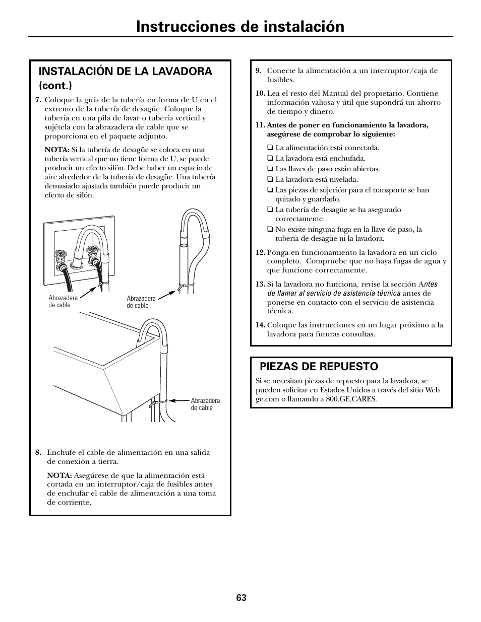 Piezas de repuesto, Instrucciones de instalación, Instalación de la lavadora (cont.) | GE GBVH6260 User Manual | Page 63 / 72