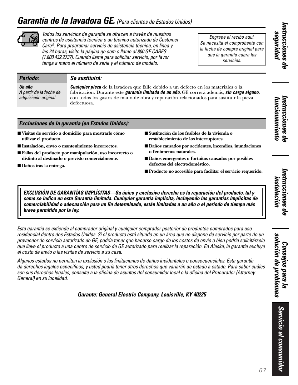 Garantía (ee.uu.), Garantía de la lavadora ge | GE GBVH6260 User Manual | Page 67 / 72