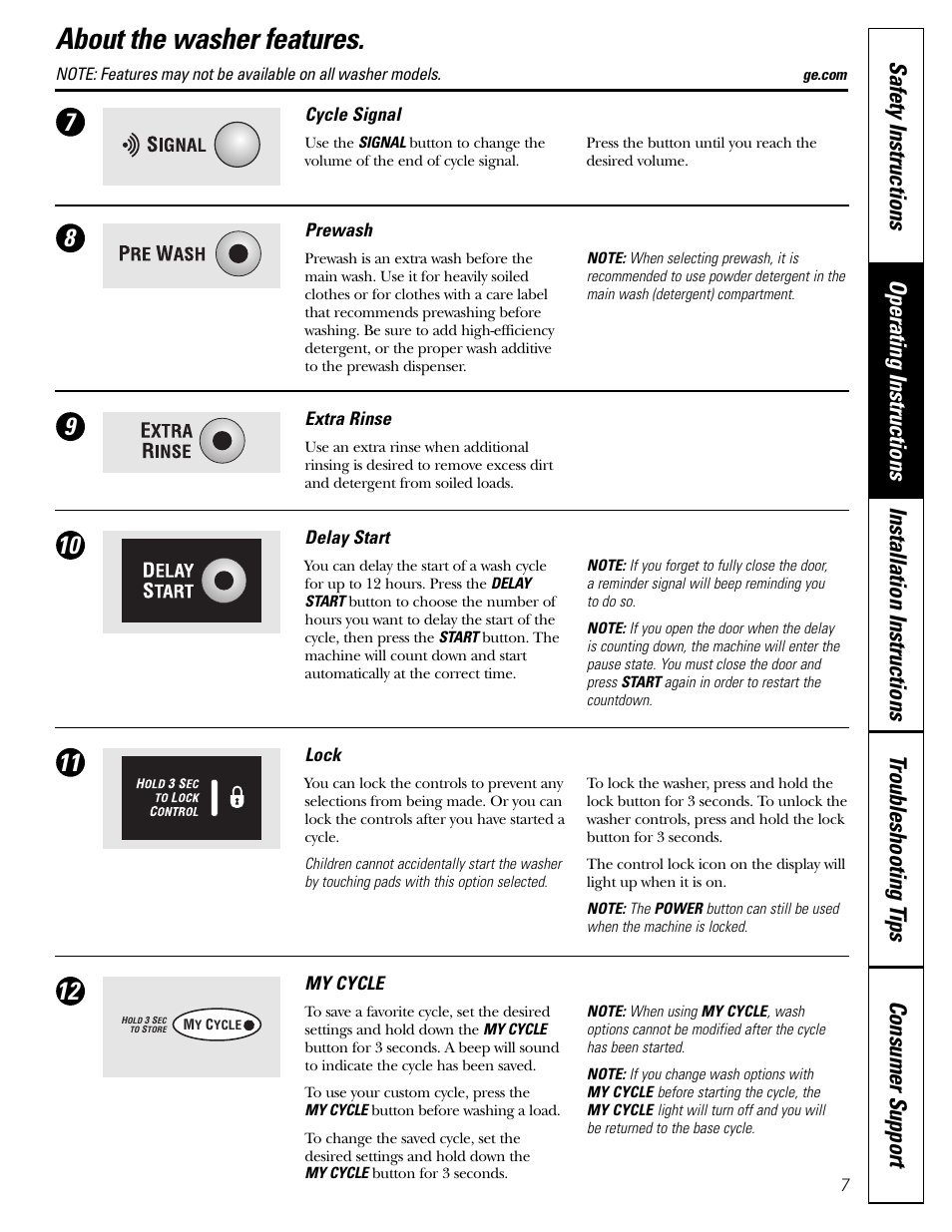 Features, Features , 8, About the washer features | GE GBVH6260 User Manual | Page 7 / 72