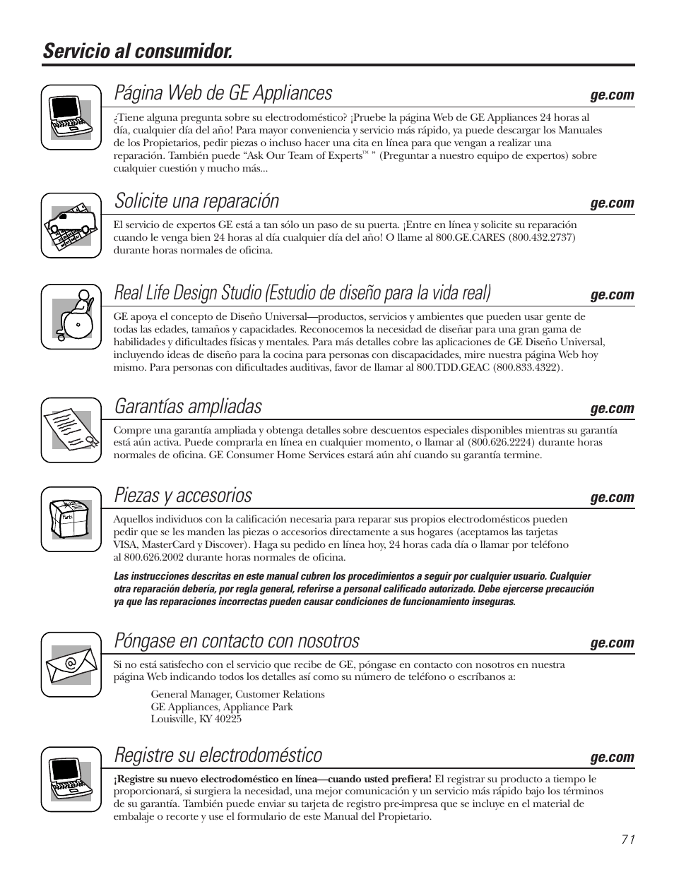 Servicio al consumidor, Solicite una reparación, Garantías ampliadas | Piezas y accesorios, Póngase en contacto con nosotros, Registre su electrodoméstico | GE GBVH6260 User Manual | Page 71 / 72