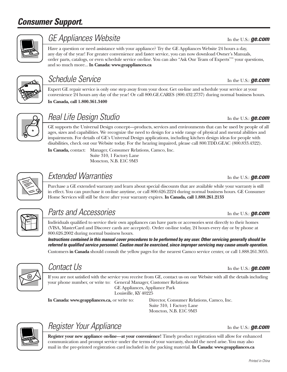 Service telephone numbers, Service telephone numbers . back cover, Consumer support. ge appliances website | Schedule service, Real life design studio, Extended warranties, Parts and accessories, Contact us, Register your appliance | GE GBVH6260 User Manual | Page 72 / 72