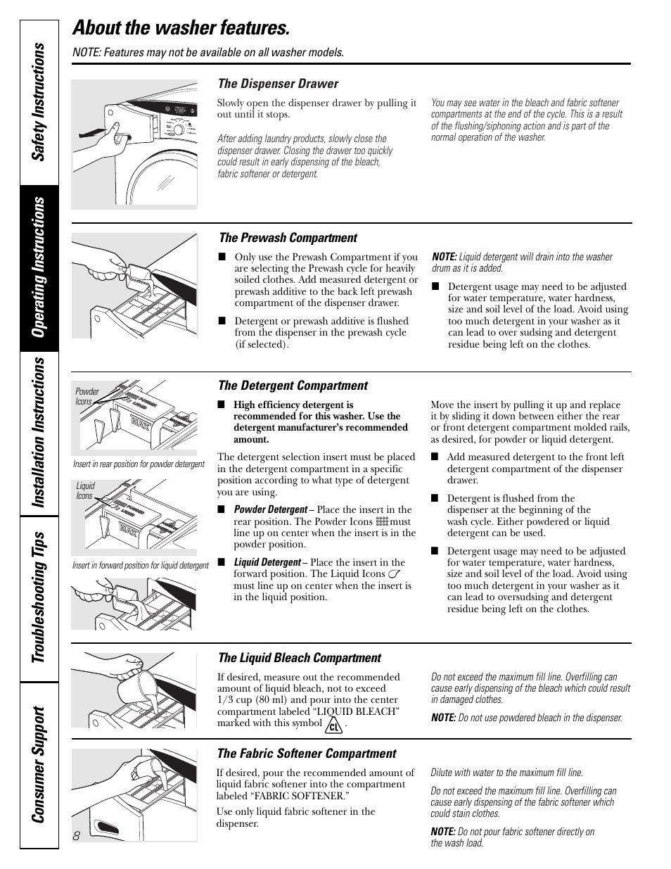 About the washer features | GE GBVH6260 User Manual | Page 8 / 72