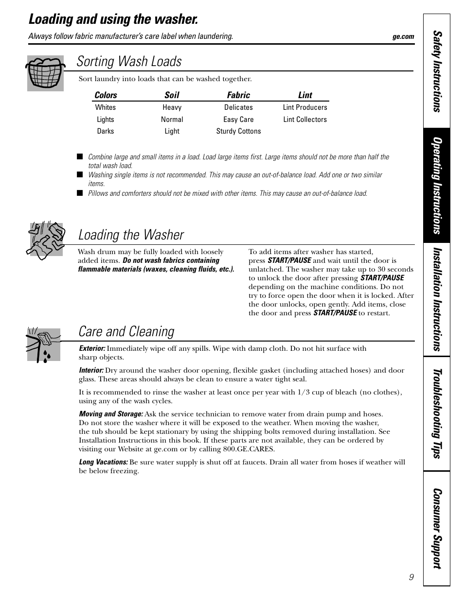 Loading and using the washer, Loading and using the washer , 10, Care and cleaning loading and using the washer | Sorting wash loads loading the washer | GE GBVH6260 User Manual | Page 9 / 72