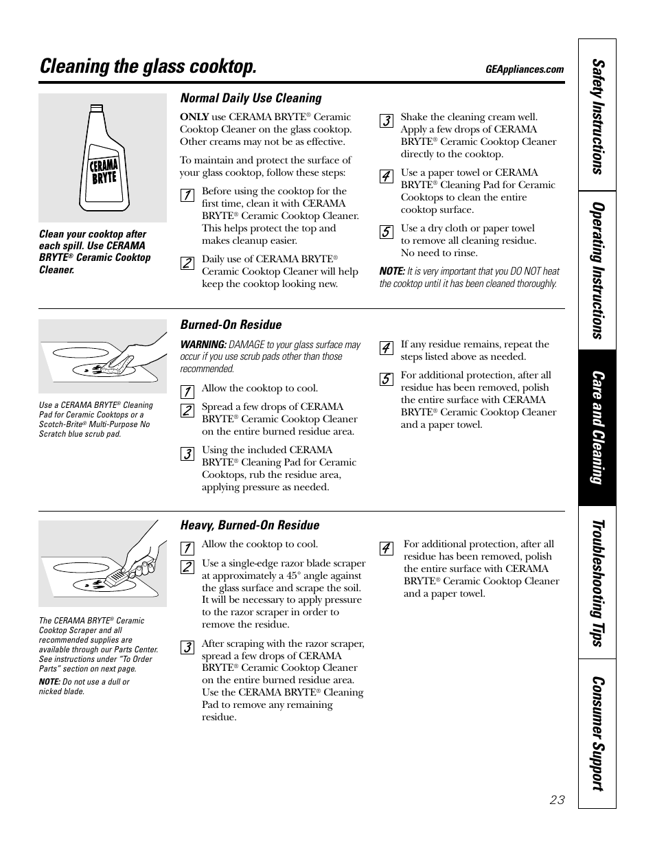 Glass cooktop, Glass cooktop , 24, Cleaning the glass cooktop | GE EER 3000 User Manual | Page 23 / 32
