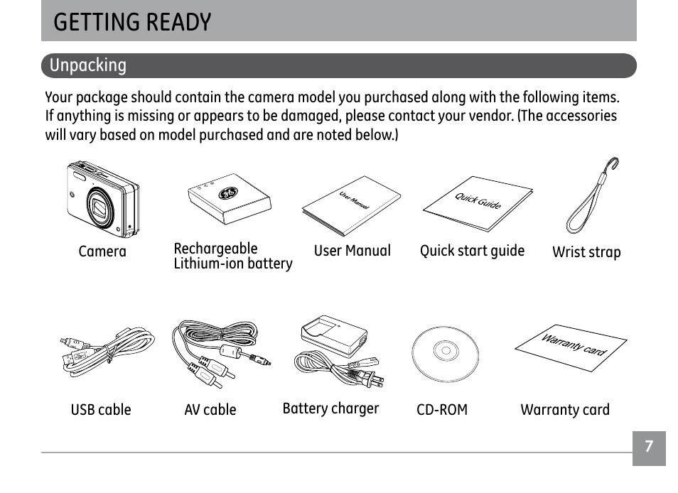 Getting ready, Unpacking | GE H855 User Manual | Page 11 / 90