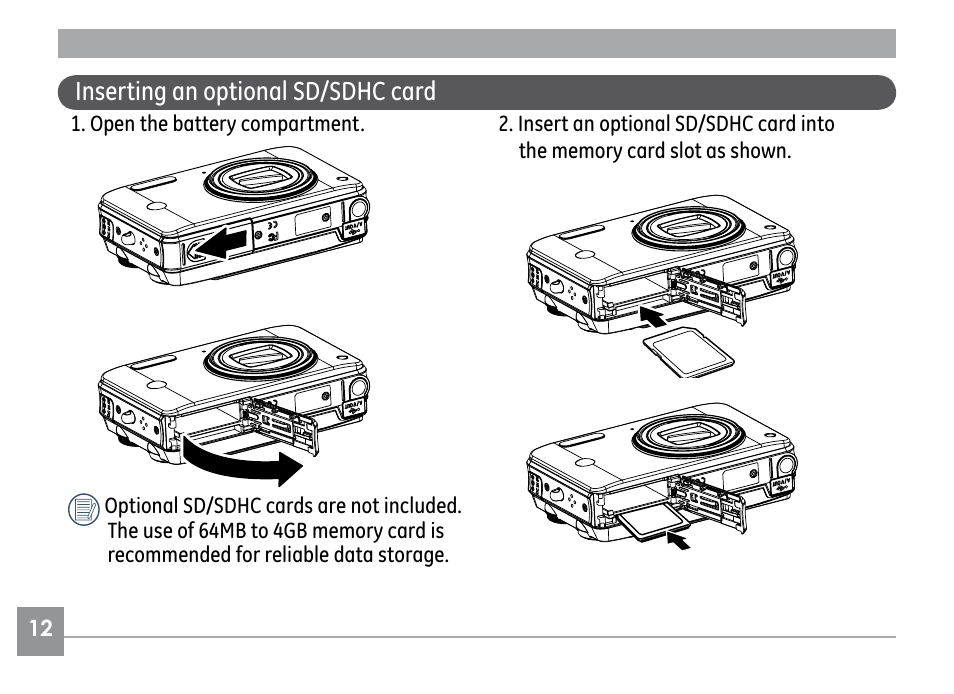 Inserting an optional sd/sdhc card | GE H855 User Manual | Page 16 / 90