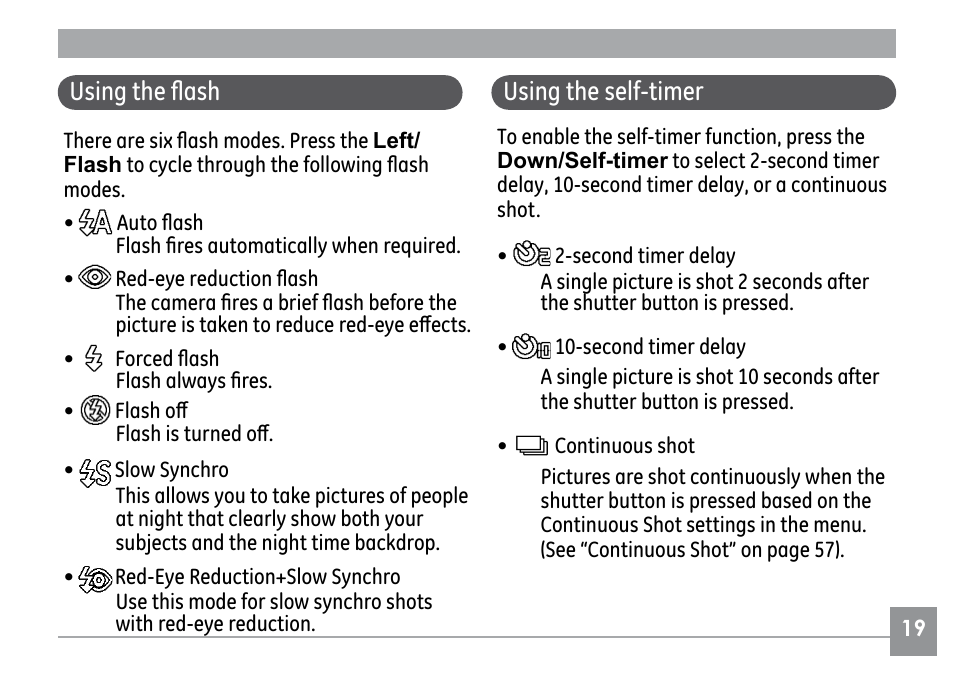 Using the flash, Using the self-timer | GE H855 User Manual | Page 23 / 90