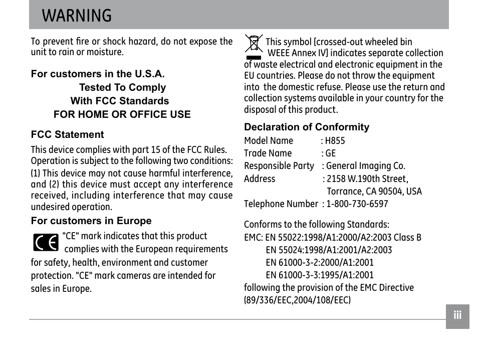 Warning | GE H855 User Manual | Page 3 / 90