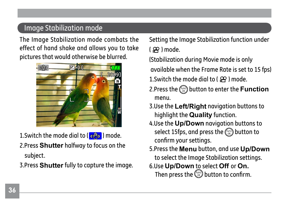 Image stabilization mode | GE H855 User Manual | Page 40 / 90