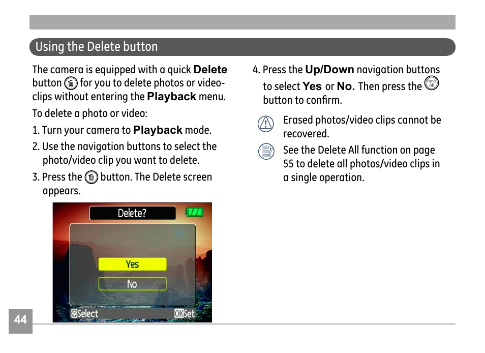 Using the delete button | GE H855 User Manual | Page 48 / 90