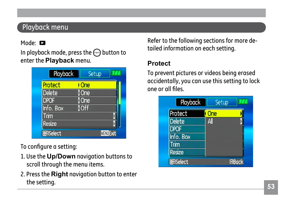 Playback menu | GE H855 User Manual | Page 57 / 90
