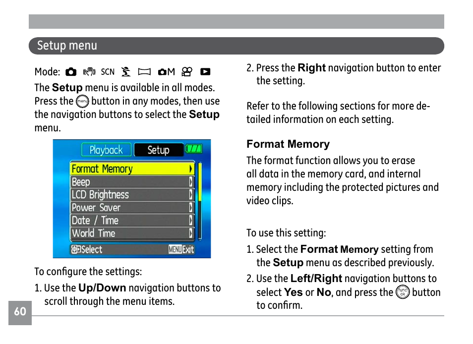 Setup menu | GE H855 User Manual | Page 64 / 90