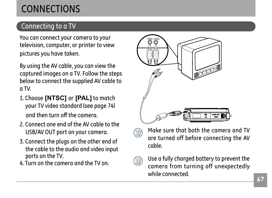 Connections, Connecting to a tv | GE H855 User Manual | Page 71 / 90