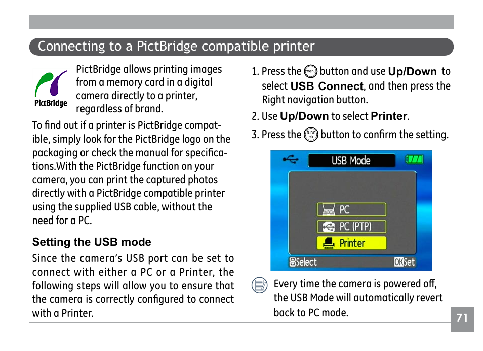 Connecting to a pictbridge compatible printer | GE H855 User Manual | Page 75 / 90